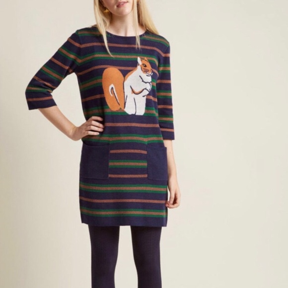 Modcloth Striped Squirrel Mini Dress - Navy, Green, Orange